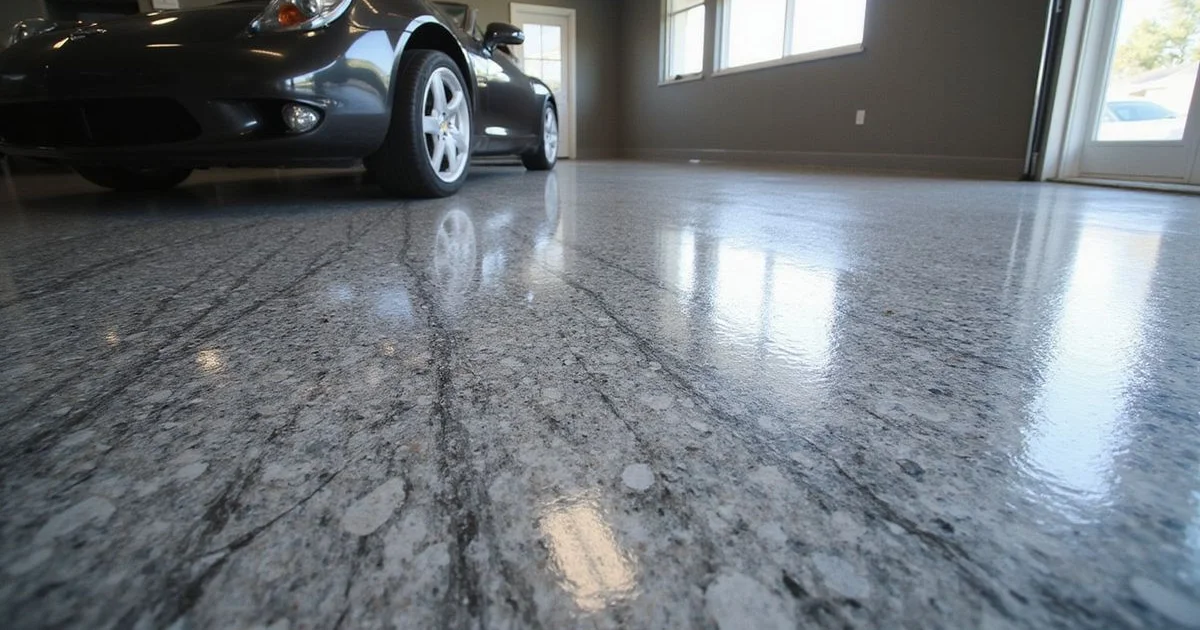 A finished silver and charcoal metallic epoxy floor in a three-car Ponte Vedra Beach garage