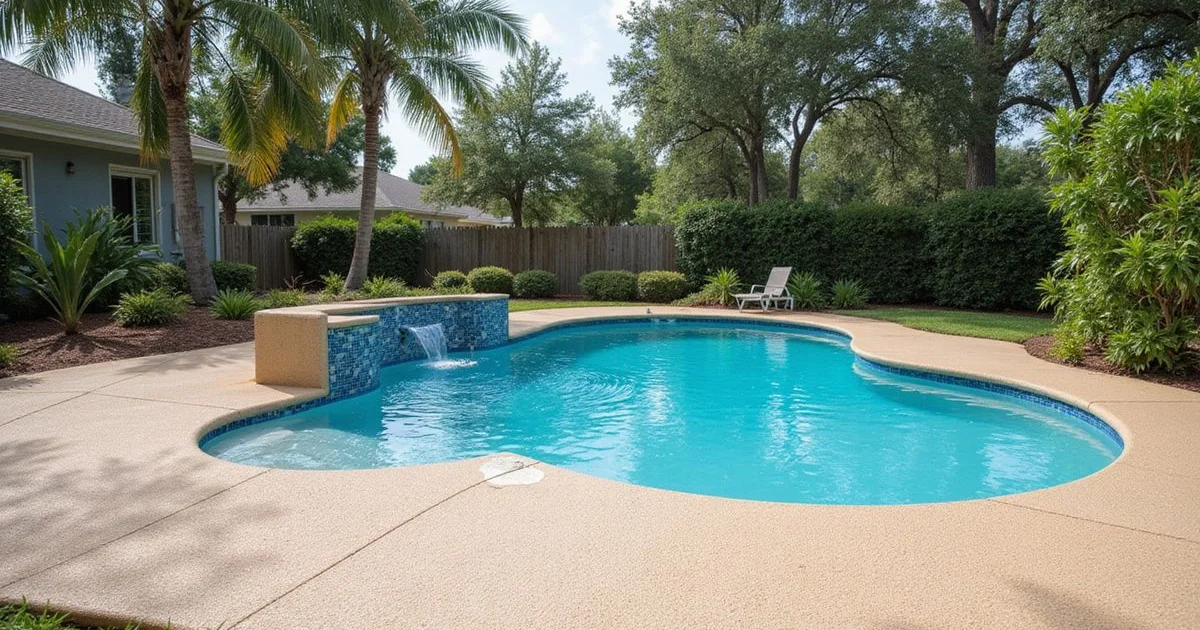 A finished textured polyaspartic pool deck around an in-ground pool with palm trees