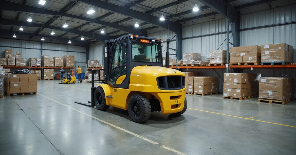 A forklift operating on an industrial-grade commercial epoxy floor in an active warehouse