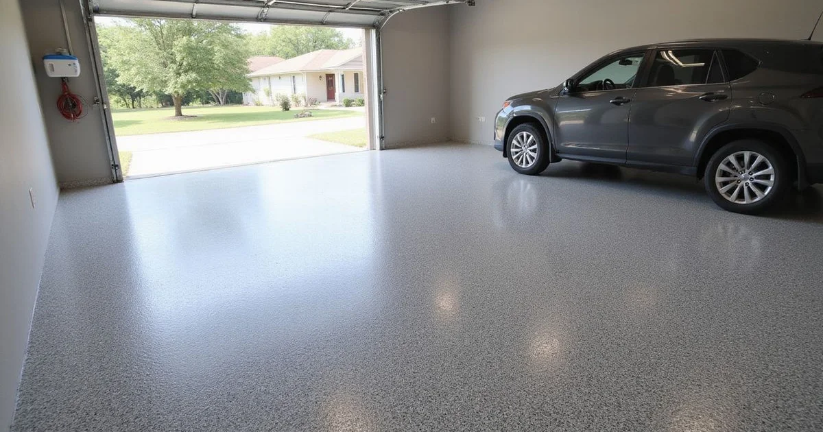 A full-flake epoxy garage floor with a neutral grey color blend