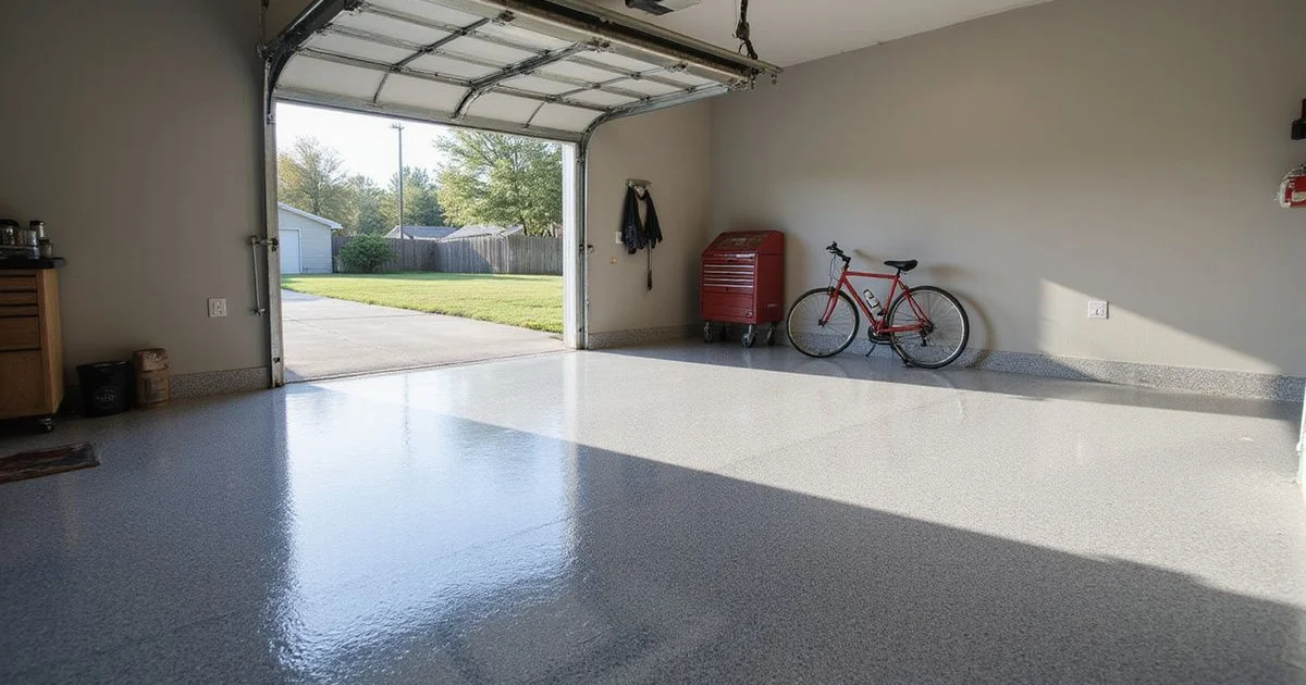 A glossy polyaspartic floor finish in a single-car Jacksonville garage