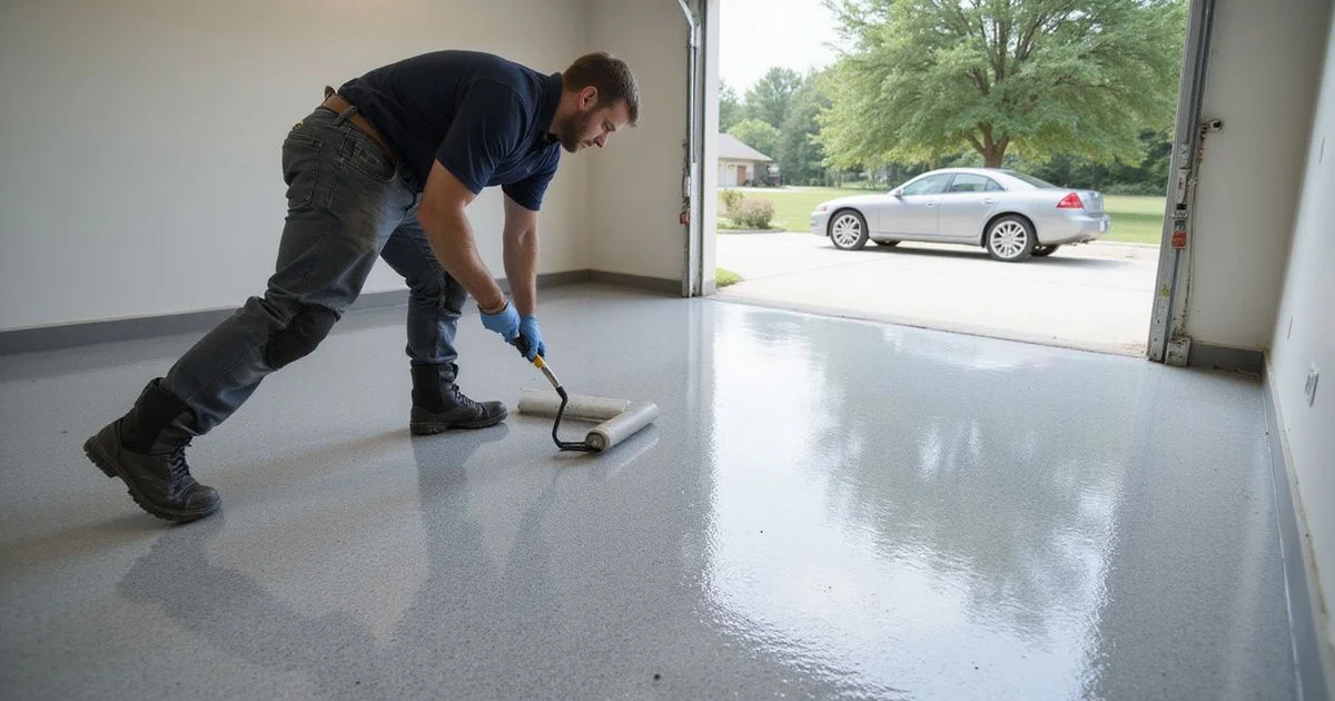A hybrid system being installed — an epoxy base coat with a polyaspartic topcoat
