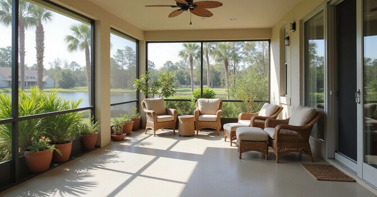 A Jacksonville screened lanai with a coated floor and outdoor furniture