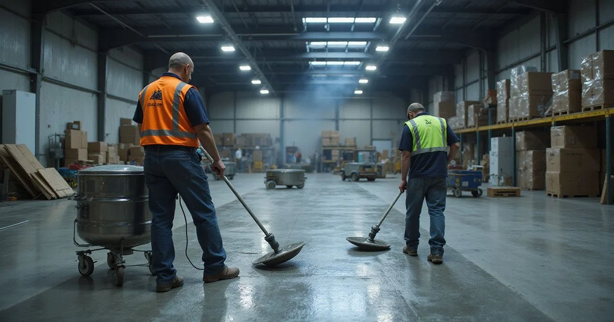 A night-shift crew installing a commercial epoxy floor in an active facility