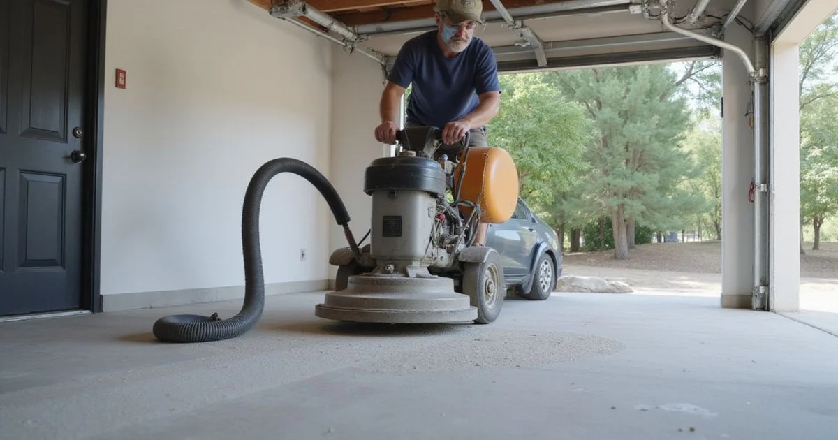 A planetary diamond grinder in action on a garage concrete floor with dust collection