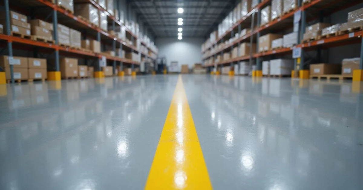 A pristine commercial warehouse with an industrial-grade epoxy floor and line striping