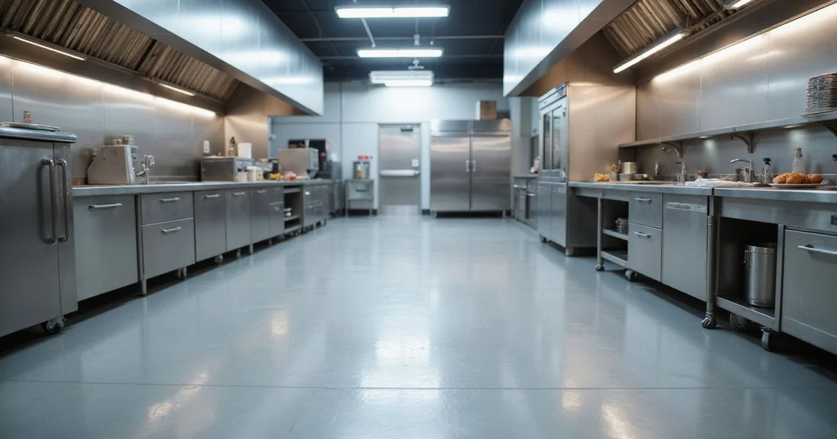 A professional restaurant kitchen with a seamless epoxy floor and integrated cove base