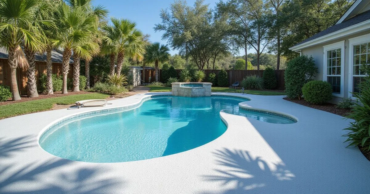 A saltwater pool with a coated deck in a Jacksonville suburb on a sunny day
