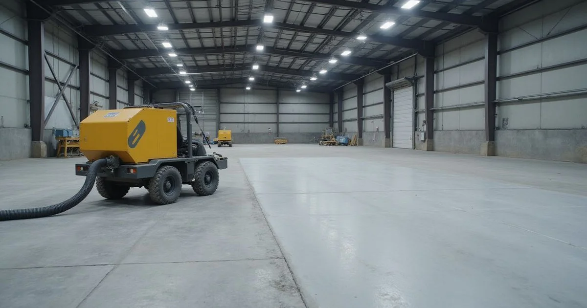 A shot blasting machine working on a warehouse concrete floor with dust extraction