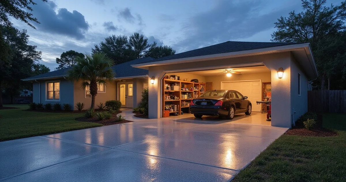 A single-car garage with a finished polyaspartic floor completed the same day