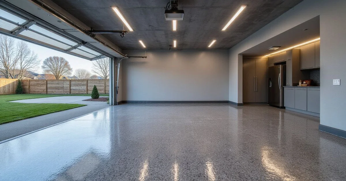 A stunning metallic epoxy floor with a 3D marbled effect in a luxury garage