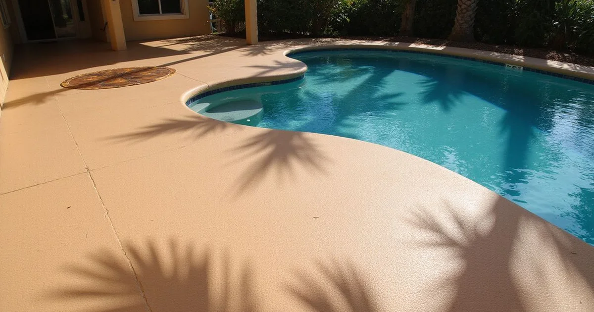 A sun-drenched pool deck with vibrant, intact color after five years