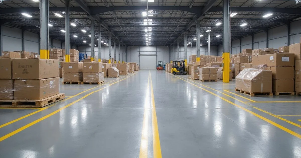 A vast warehouse floor with new epoxy and yellow line striping in a Jacksonville logistics facility