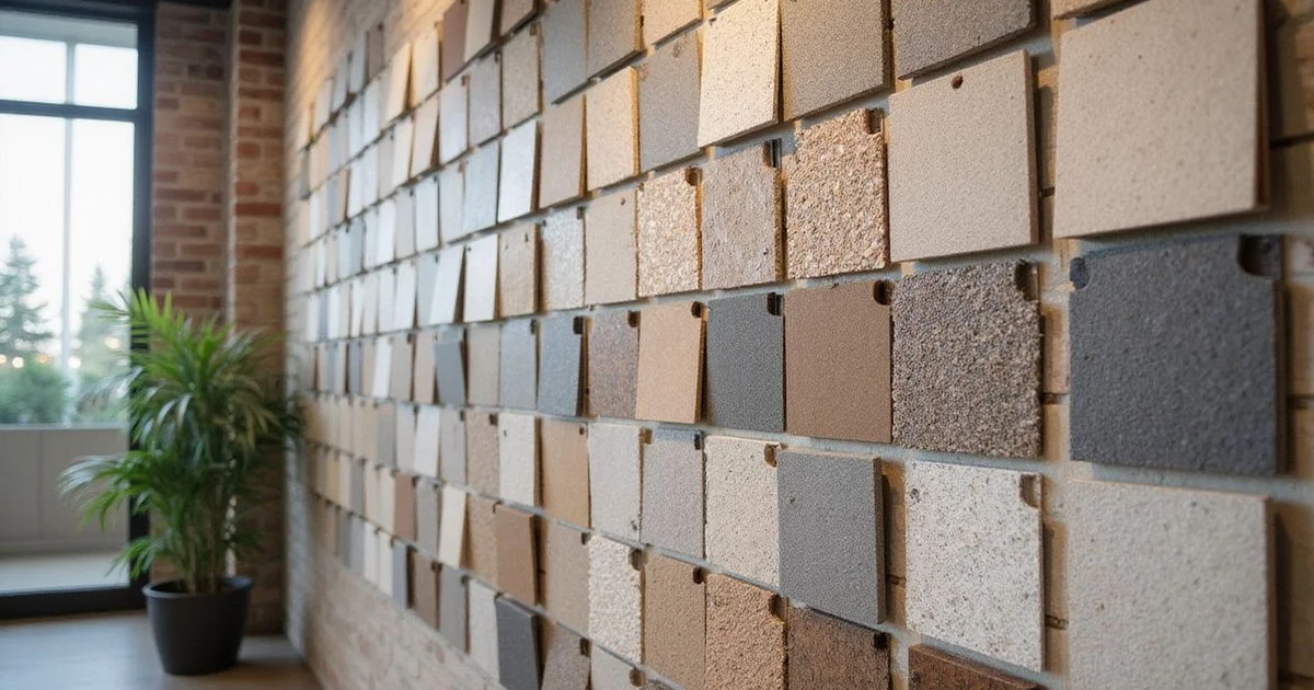 A wall of epoxy flake color blend sample boards in various combinations