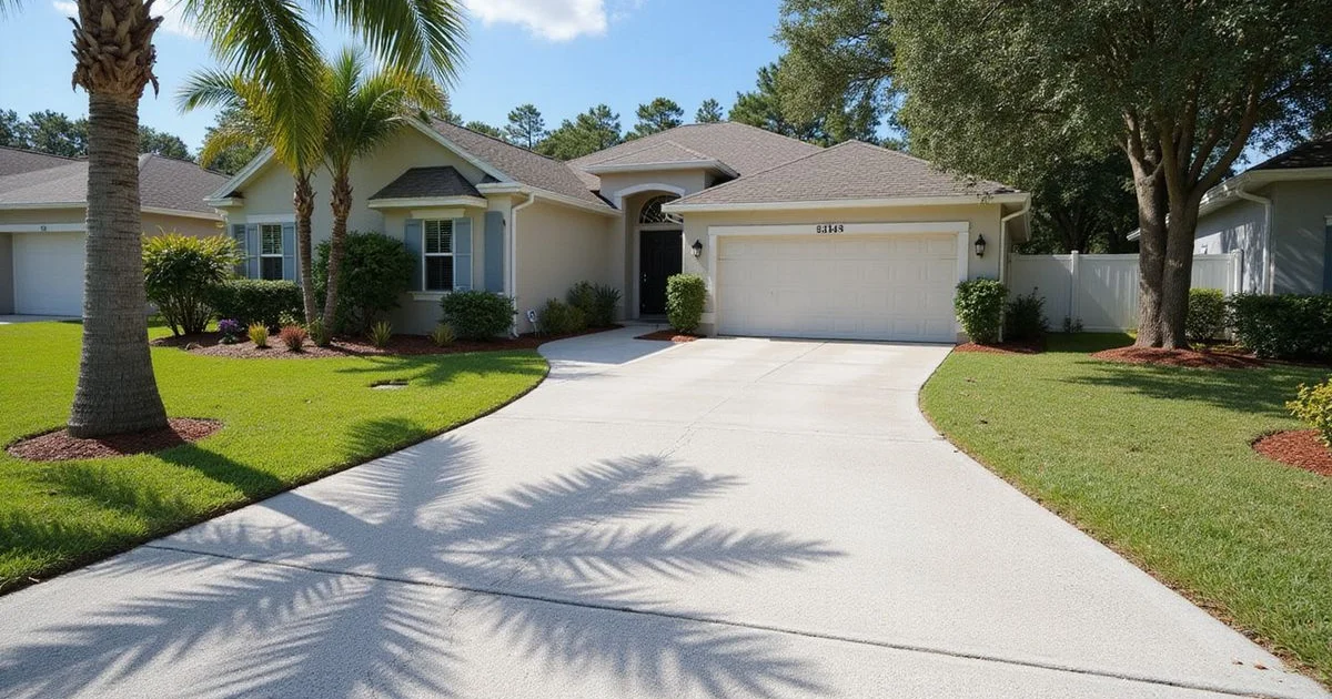 A wide finished driveway with a coating at a suburban Florida home