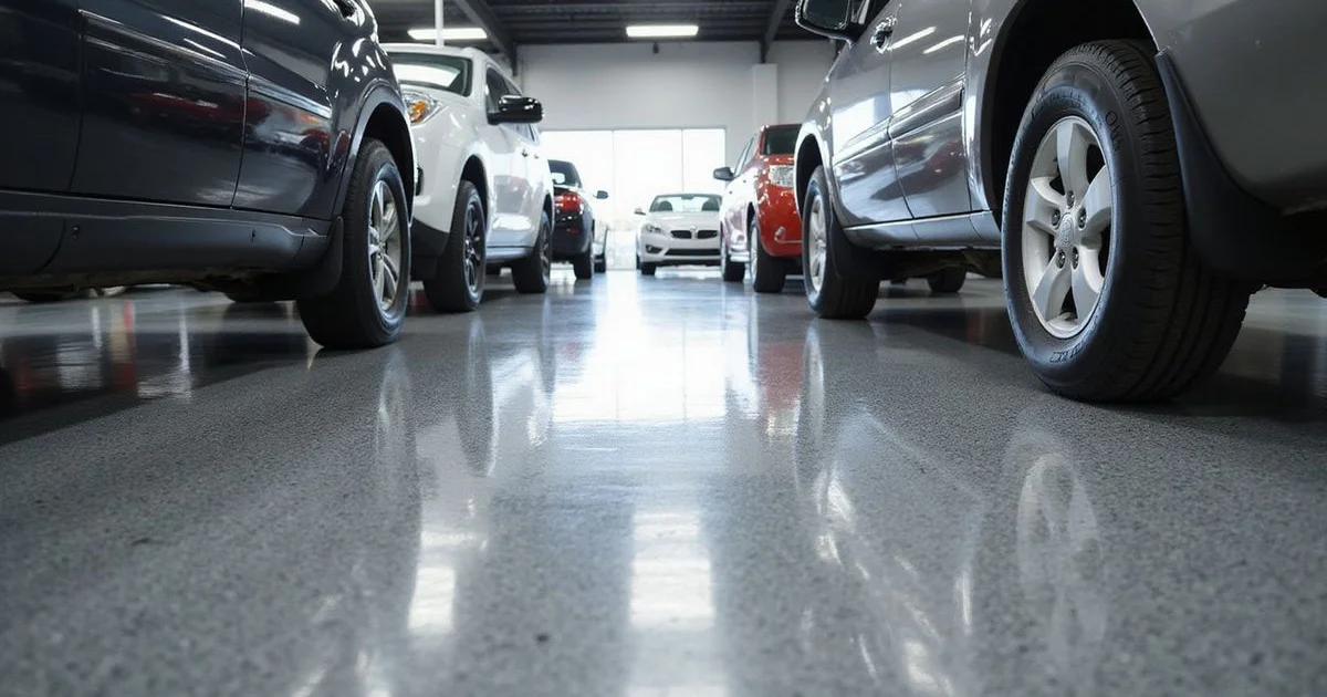 An auto dealership showroom with a metallic epoxy floor reflecting cars