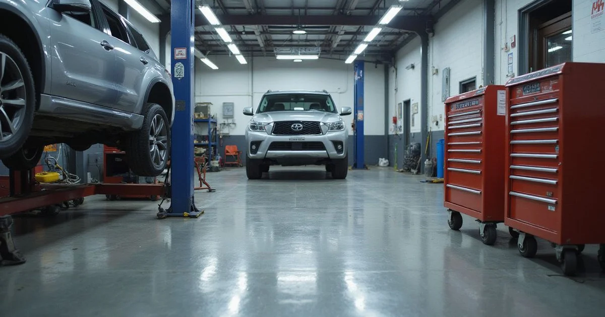 An auto repair shop with a chemical-resistant epoxy floor and oil drip pans