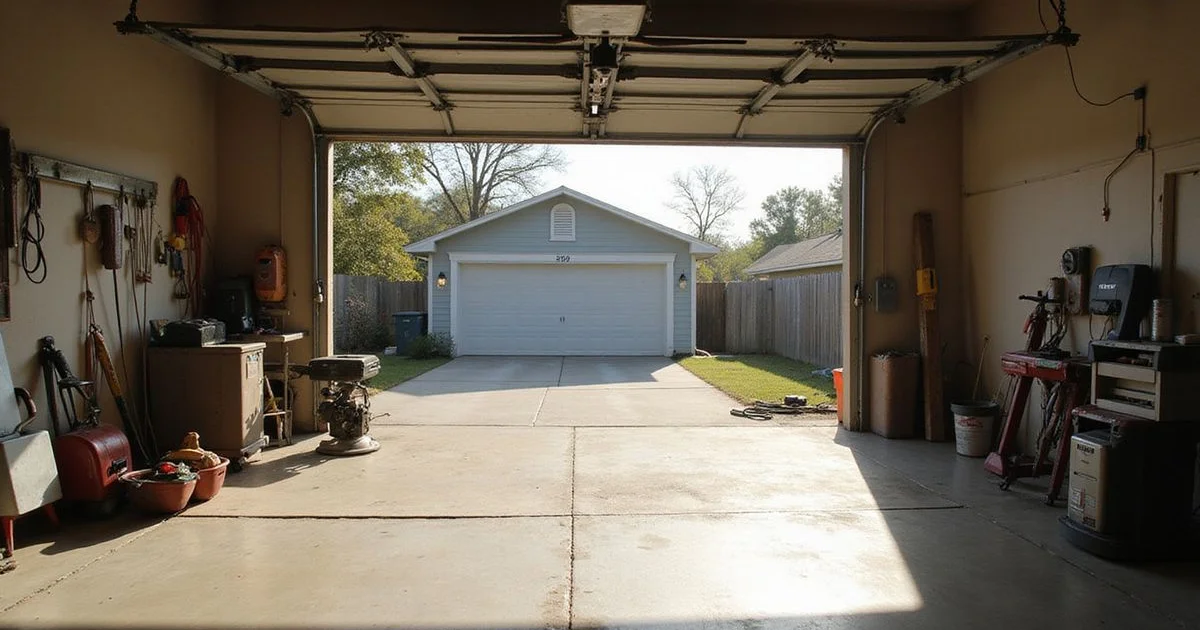 An empty, cleared two-car garage ready for an epoxy install crew