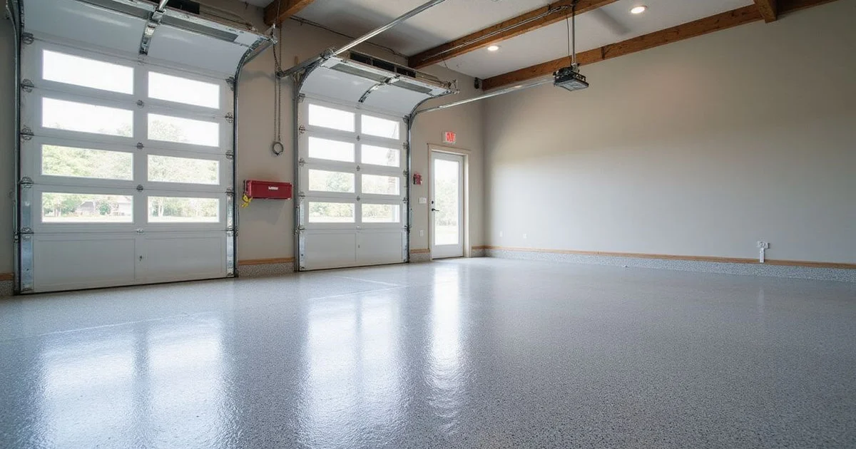 A clean finished epoxy garage floor with hurricane shutters being prepped in late spring