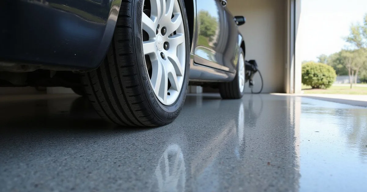 A car tire resting on a glossy finished epoxy garage floor