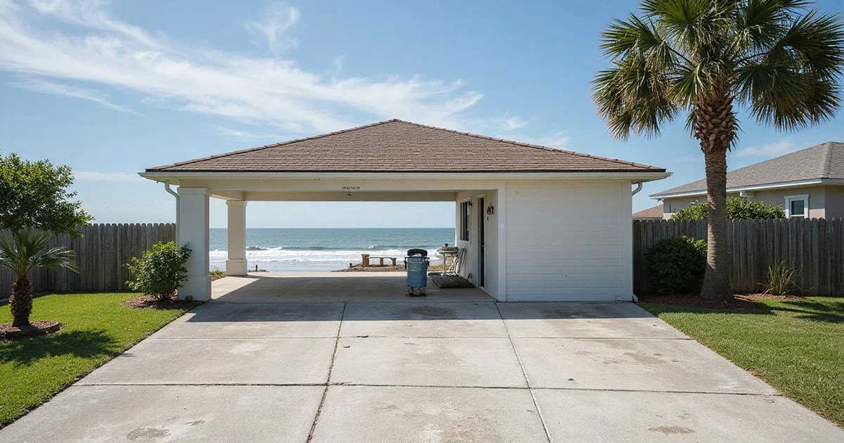 A coastal Jacksonville Beach home with a garage and a salt-weathered concrete driveway, ocean behind