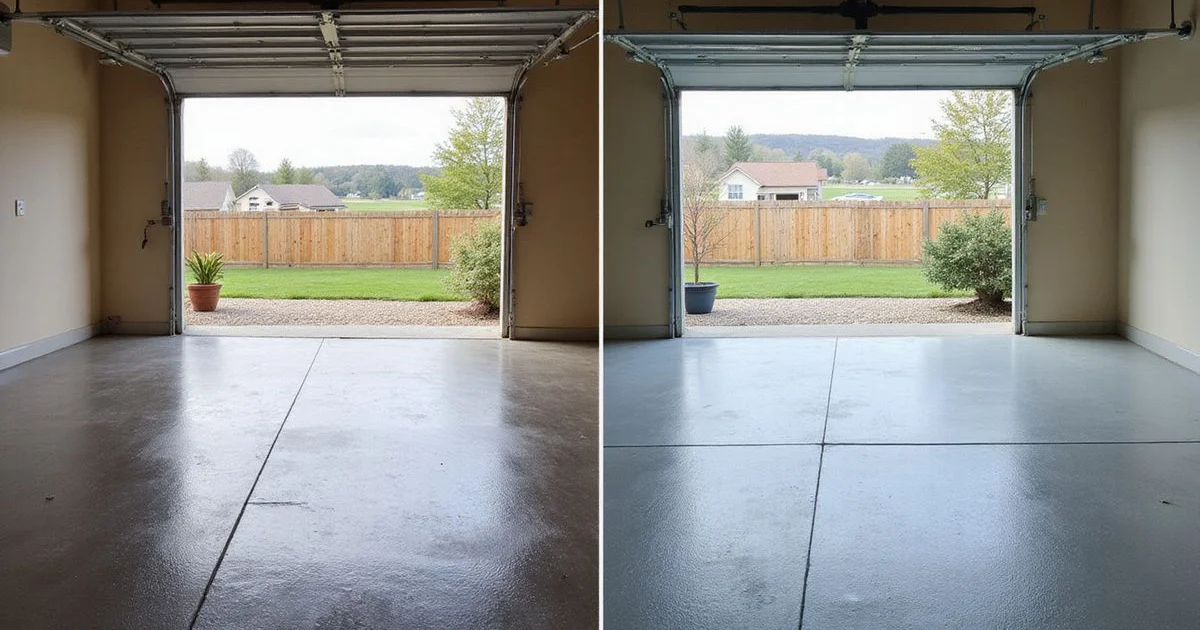 A split comparison of a standard epoxy garage floor next to a polyaspartic finish