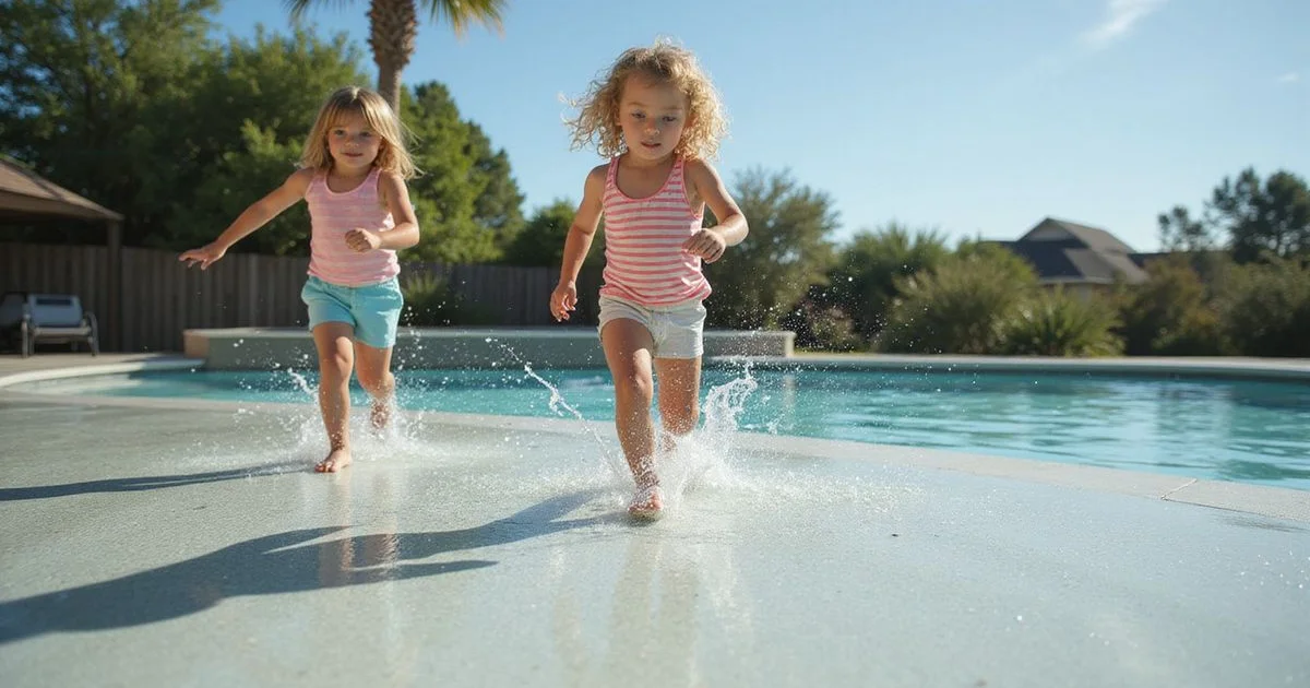 Children running safely on a textured, slip-resistant pool deck on a sunny day