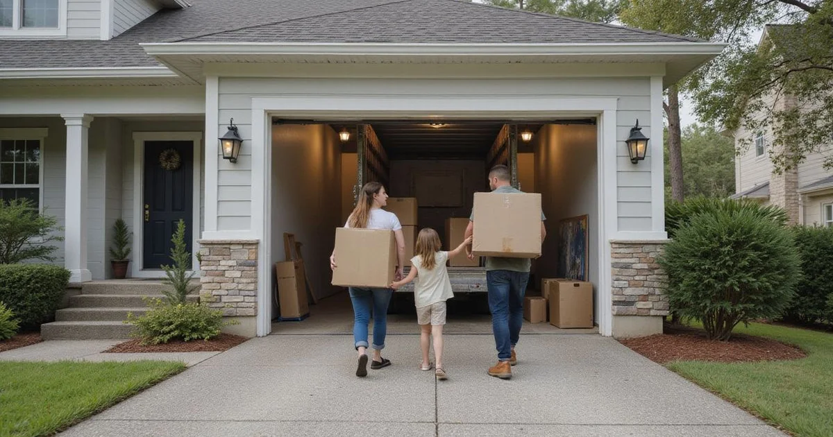 A military family loading a PCS moving truck in front of a finished epoxy garage near NAS Jacksonville
