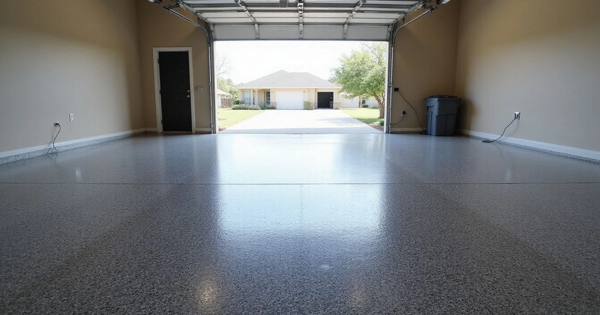 A pristine ten-year-old residential garage floor with full flake epoxy in a Jacksonville home