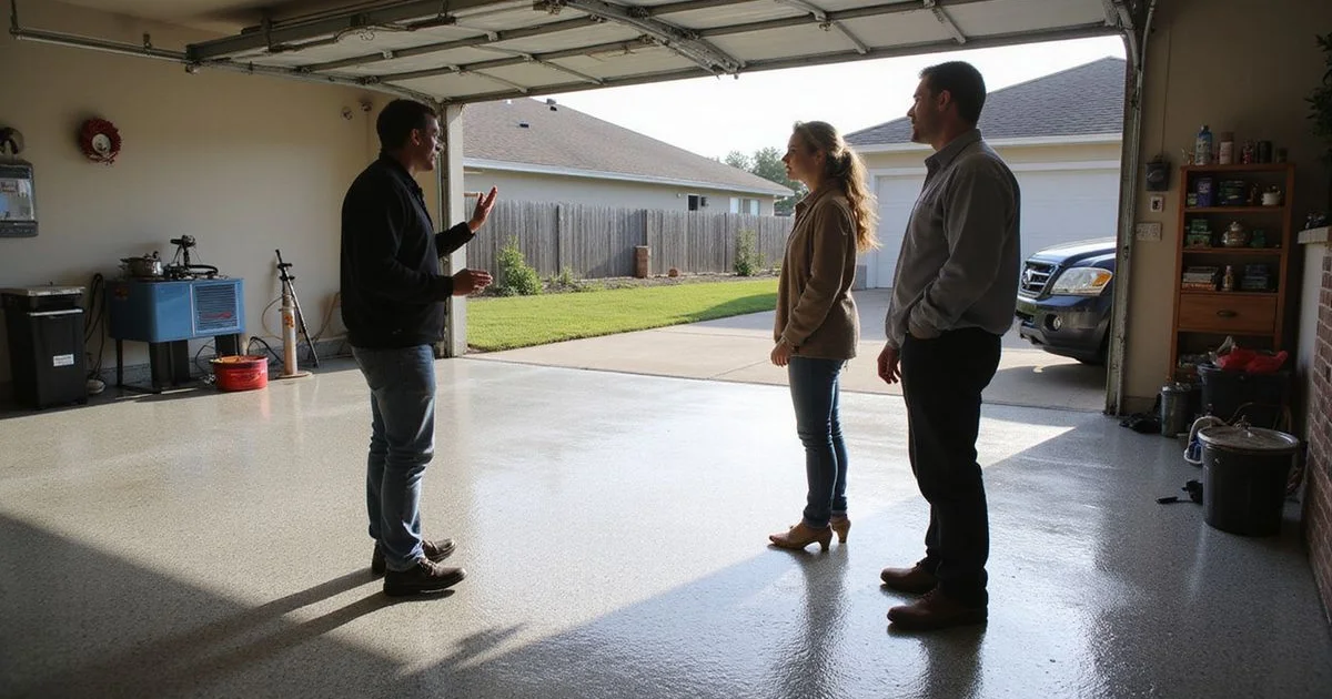 A realtor showing a finished metallic epoxy garage to a young military family in a Jacksonville suburb