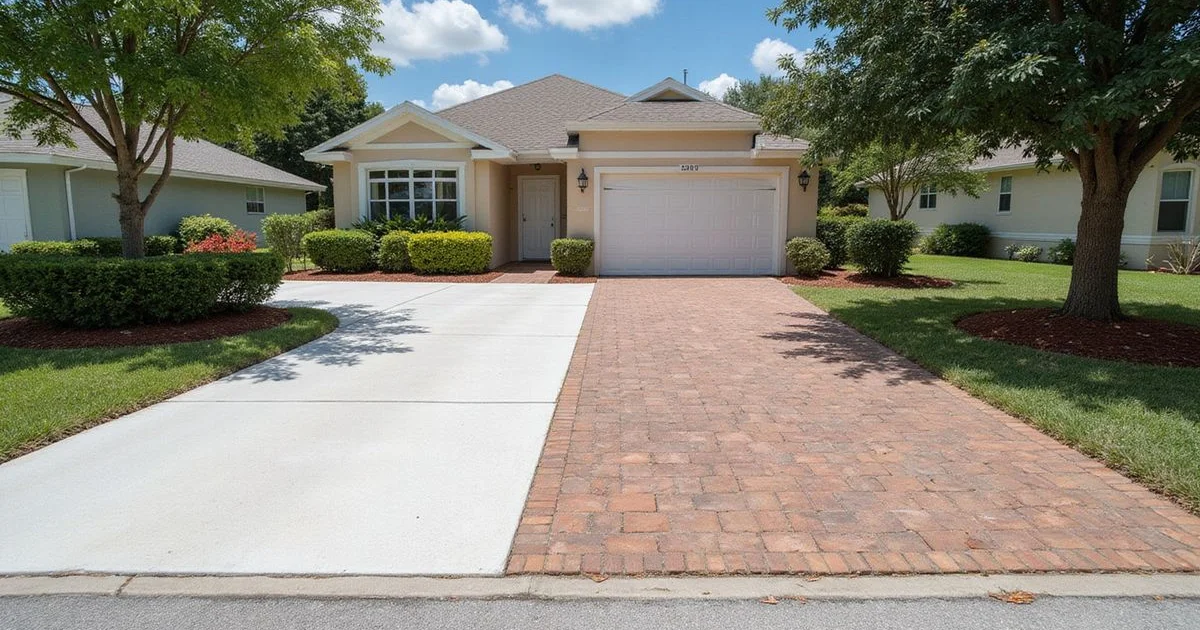 Three driveway finishes side by side — sealed, paver overlay, and polyaspartic coated