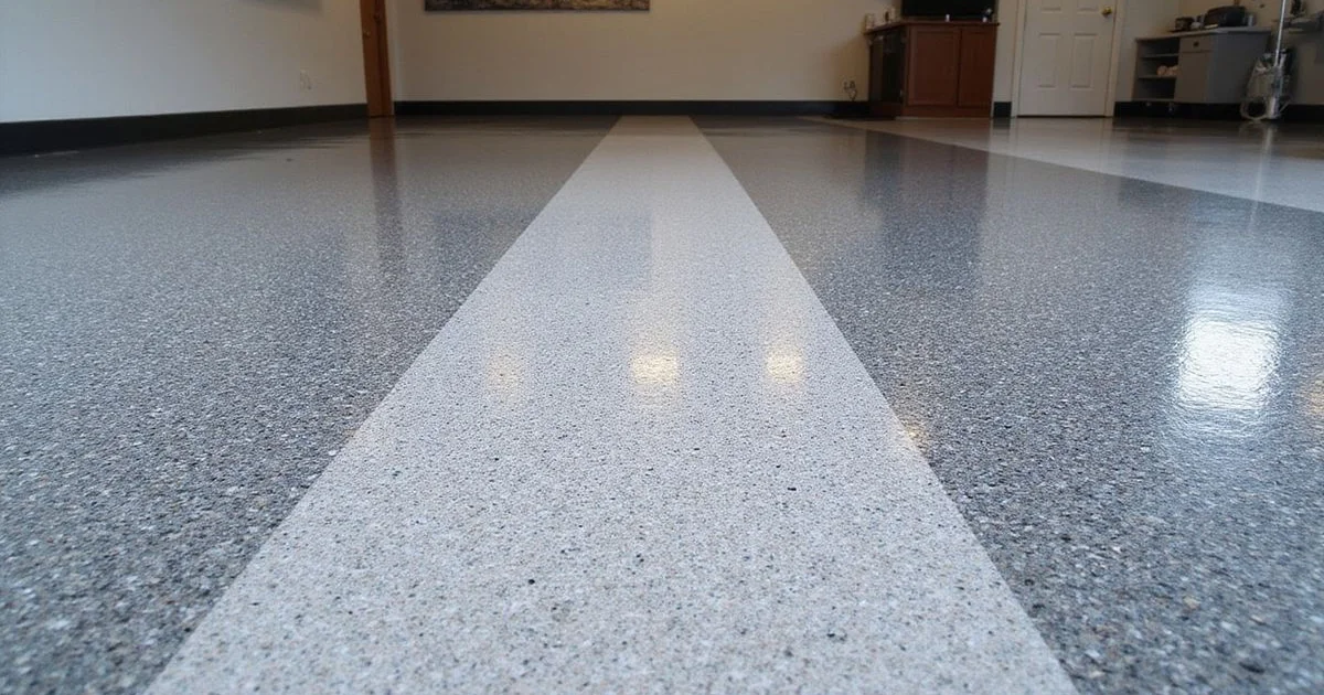Three garage floor finishes side by side — flake, metallic, and polyaspartic-finished