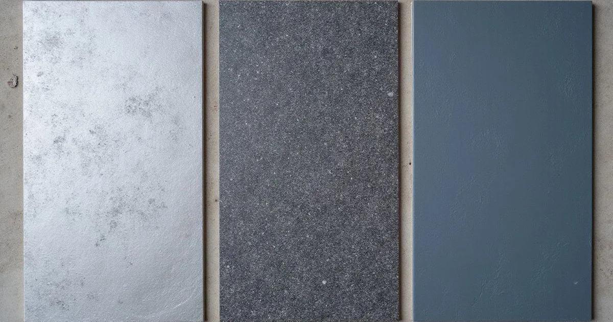 Three garage floor finishes side by side — metallic, full flake, and solid color