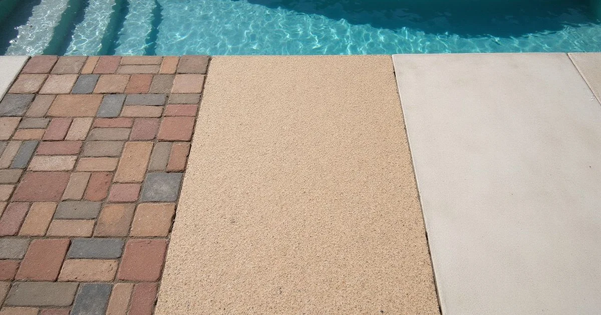Three pool deck finishes side by side — stained concrete, sealed pavers, and a polyaspartic coating