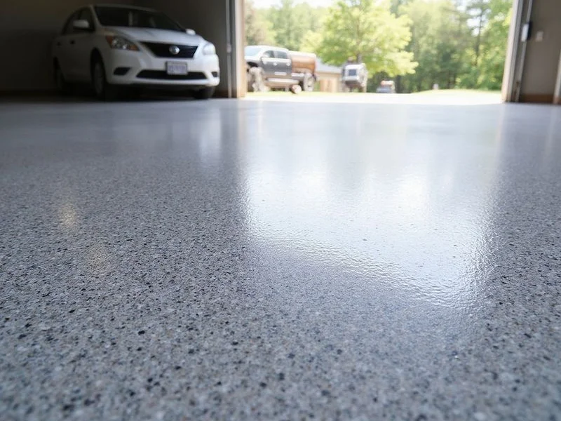 Close-up of full-flake epoxy texture on a finished garage floor