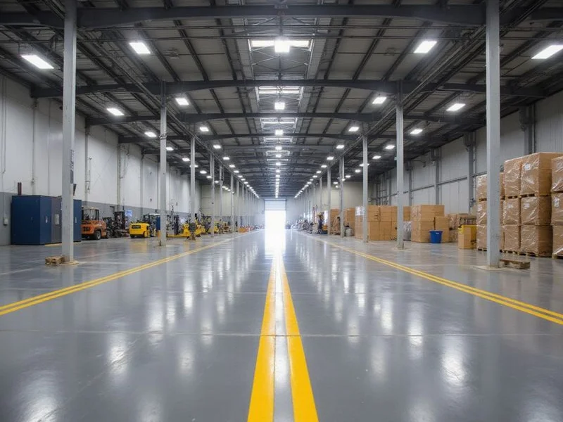 A commercial warehouse floor with industrial epoxy and line striping