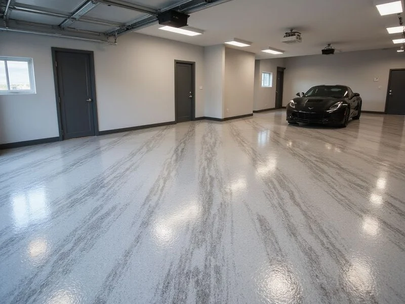 A silver metallic epoxy showroom floor in a luxury garage