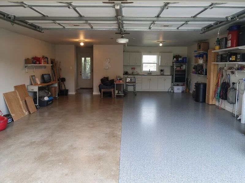 A two-car garage transformed with grey full-flake epoxy