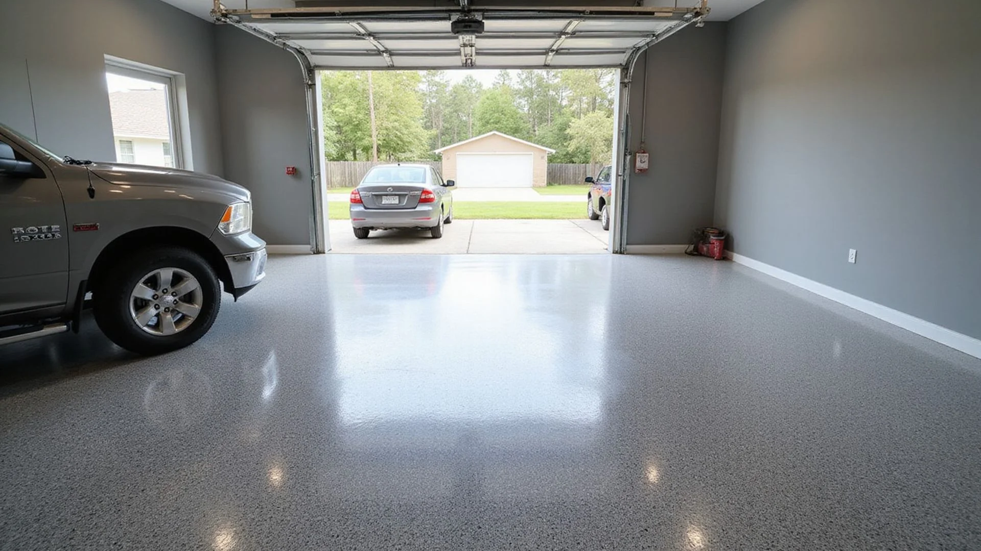 A finished full-flake epoxy garage floor in a Jacksonville home